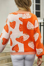 Load image into Gallery viewer, Orange Strawberry Print V-Neck Colorblock Cardigan