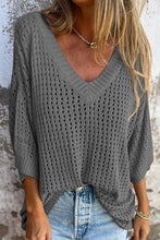 Load image into Gallery viewer, Simple Hollow V-neck Long-sleeved Casual Loose Knitted Top