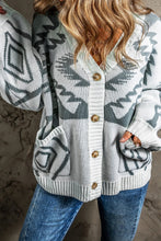 Load image into Gallery viewer, Light Grey Geometric Pattern Ribbed Trim Button Up Cardigan