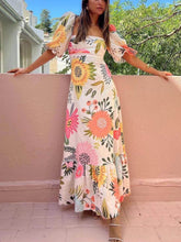 Load image into Gallery viewer, Elegant Square Neck Bubble Short Sleeve Floral Maxi Dress