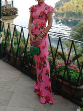 Load image into Gallery viewer, Pink Cheongsam Rose Printed Tiered Flutter Sleeves Maxi Dress