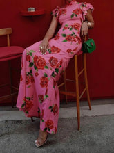 Load image into Gallery viewer, Pink Cheongsam Rose Printed Tiered Flutter Sleeves Maxi Dress