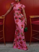 Load image into Gallery viewer, Pink Cheongsam Rose Printed Tiered Flutter Sleeves Maxi Dress