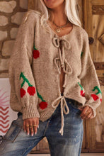 Load image into Gallery viewer, Cherry Embroidered Tied Up Cardigan Sweater