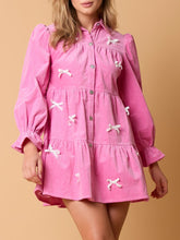 Load image into Gallery viewer, Collared Neck Flounce Sleeve Bow Mini Dress