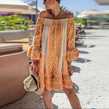 Load image into Gallery viewer, Boho Geometric Print Off Shoulder Long Sleeves Mini Dress