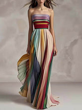 Load image into Gallery viewer, Elegant Rainbow Striped Strapless Pleated Maxi Dress