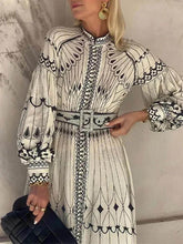 Load image into Gallery viewer, Vintage Printed Long Sleeve Midi Dress with Belt