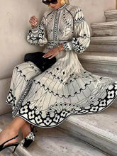Load image into Gallery viewer, Vintage Printed Long Sleeve Midi Dress with Belt