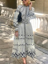 Load image into Gallery viewer, Vintage Printed Long Sleeve Midi Dress with Belt