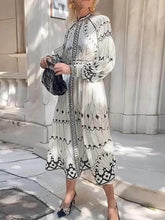 Load image into Gallery viewer, Vintage Printed Long Sleeve Midi Dress with Belt