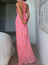 Load image into Gallery viewer, Pink Halter Pleated Printed Vacation Party Maxi Dress