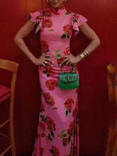 Load image into Gallery viewer, Pink Cheongsam Rose Printed Tiered Flutter Sleeves Maxi Dress