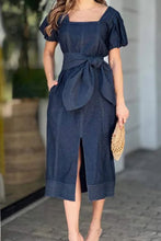Load image into Gallery viewer, Classic Slit Square Short Sleeve Slit Front Midi Denim Dress
