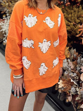 Load image into Gallery viewer, Orange Embroidered Sequin Ghost All Over Sweatshirt