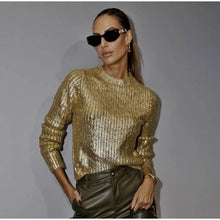 Load image into Gallery viewer, Gold Ribbed Round Neck Long Sleeve Sweater