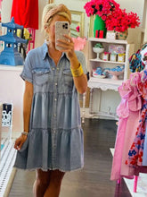 Load image into Gallery viewer, Short Sleeves Pockets Tiered Denim Mini Dress