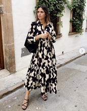 Load image into Gallery viewer, White and Black Print Collar Long Sleeves Tiered Midi Dress