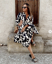 Load image into Gallery viewer, White and Black Print Collar Long Sleeves Tiered Midi Dress