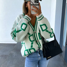 Load image into Gallery viewer, Contrast Letters Single-breasted Long-sleeved Knitted Cardigan