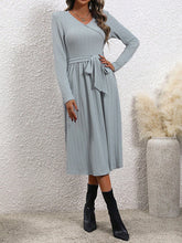 Load image into Gallery viewer, Simple V-Neck Long Sleeves Pleated Tied Waist Midi Dress
