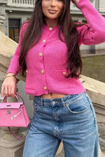 Load image into Gallery viewer, Pink Golden Buttons Pockets Knit Cardigan