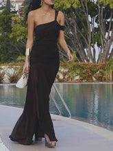 Load image into Gallery viewer, Brown One Shoulder Split Side Maxi Dress