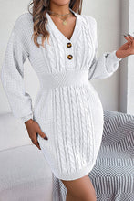 Load image into Gallery viewer, Buttoned V-neck Twist Lantern Sleeves Mini Sweater Dress