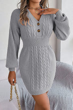 Load image into Gallery viewer, Buttoned V-neck Twist Lantern Sleeves Mini Sweater Dress