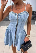 Load image into Gallery viewer, Zipper V Neck Sleeveless Denim Dresses