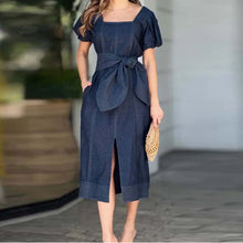 Load image into Gallery viewer, Classic Slit Square Short Sleeve Slit Front Midi Denim Dress