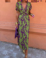 Load image into Gallery viewer, Green Print Ruched Midi Dress