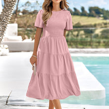 Load image into Gallery viewer, Casual Flowy Short Sleeve V Neck Ruched Elastic Waist Layered Midi Dress