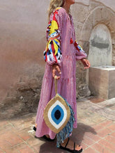 Load image into Gallery viewer, Boho V-neck Tassel Peacock Striped Print Tiered Loose Maxi Dress