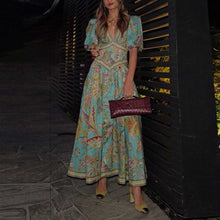 Load image into Gallery viewer, Vintage Short Sleeves V-neck Printed Maxi Dress