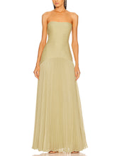 Load image into Gallery viewer, Strapless Ruched Body Drapped Waist Pleated Maxi Dress