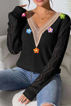 Load image into Gallery viewer, Black Crochet Flower V Neck Pullover Sweater