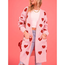 Load image into Gallery viewer, Valentine's Day Cardigan Heart Pattern Ribbed Trim Open Front Cardigan