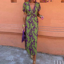 Load image into Gallery viewer, Green Print Ruched Midi Dress