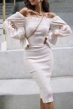 Load image into Gallery viewer, Off the Shoulder Long Sleeves Smocked Sheath Midi Dress