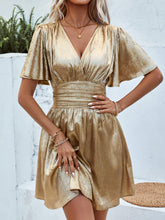 Load image into Gallery viewer, Elegant V-Neck Ruffle Sleeve Pleated Waist Mini Dress