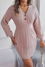 Load image into Gallery viewer, Buttoned V-neck Twist Lantern Sleeves Mini Sweater Dress