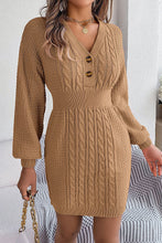 Load image into Gallery viewer, Buttoned V-neck Twist Lantern Sleeves Mini Sweater Dress