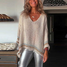 Load image into Gallery viewer, Long Sleeves Knit Striped Trim Hollow Out Loose Pullover Sweater