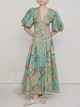 Load image into Gallery viewer, Vintage Short Sleeves V-neck Printed Maxi Dress