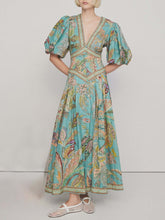 Load image into Gallery viewer, Vintage Short Sleeves V-neck Printed Maxi Dress
