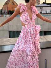 Load image into Gallery viewer, Pink Floral Deep V-neck High Split Ruffled Maxi Dress