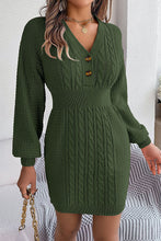 Load image into Gallery viewer, Buttoned V-neck Twist Lantern Sleeves Mini Sweater Dress
