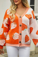 Load image into Gallery viewer, Orange Strawberry Print V-Neck Colorblock Cardigan