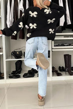 Load image into Gallery viewer, Bow Tie Round Neck Long Sleeve Knitted Cardigan
